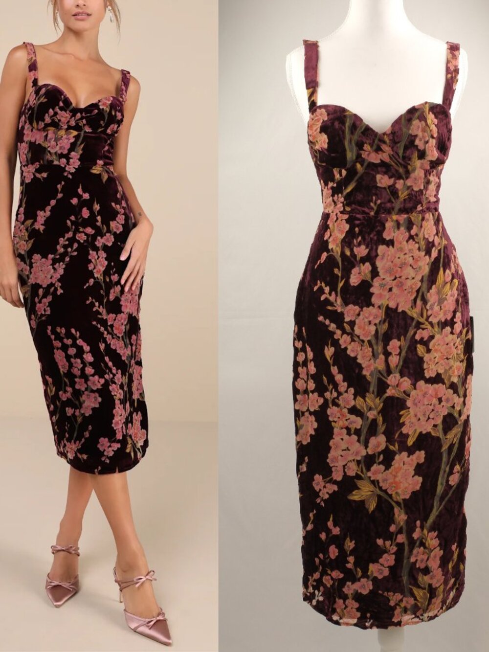 Lulu's Romantic Stunner Floral Burnout Velvet Lace-up Midi Dress, Purple/Pink, S